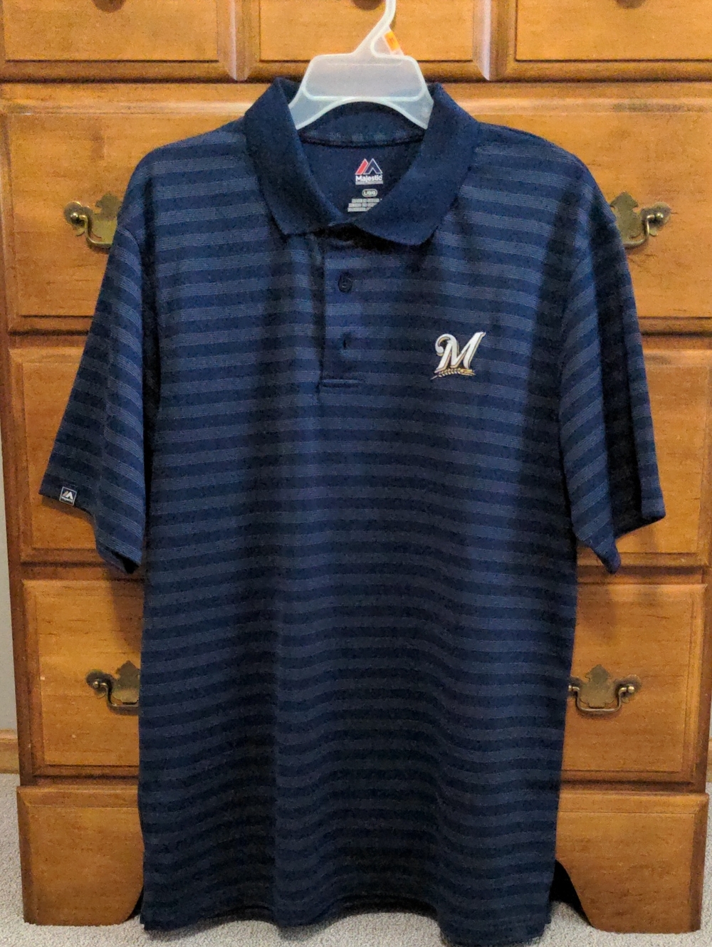 Majestic Navy Striped Milwaukee Brewers Polo